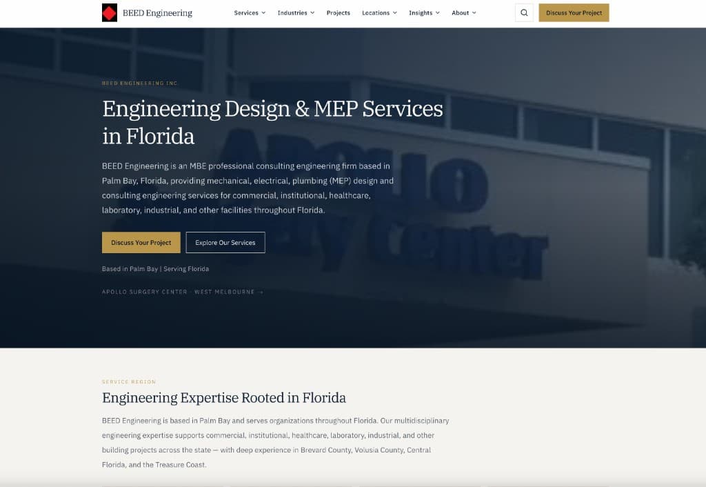 BEED Engineering Next.js homepage hero for Engineering Design and MEP Services in Florida