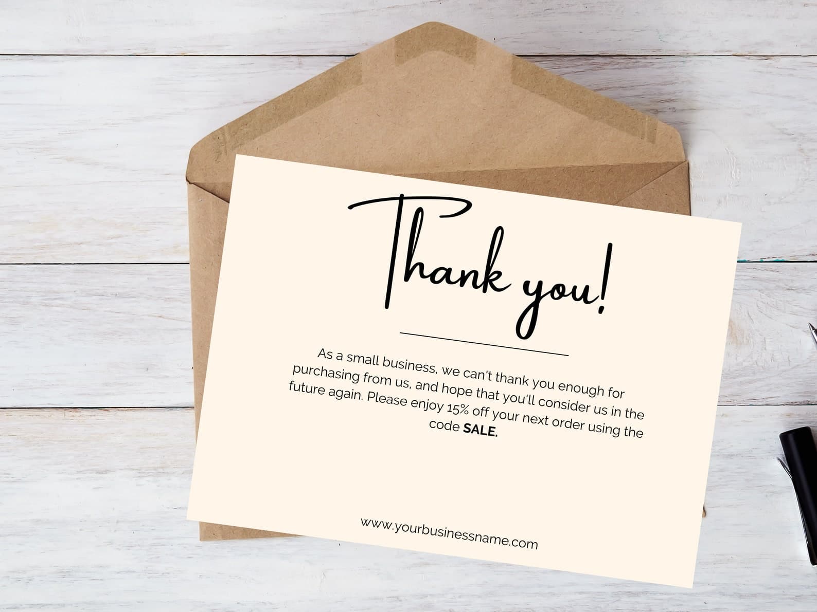 Simple Canva thank-you note on kraft envelope packaging mockup