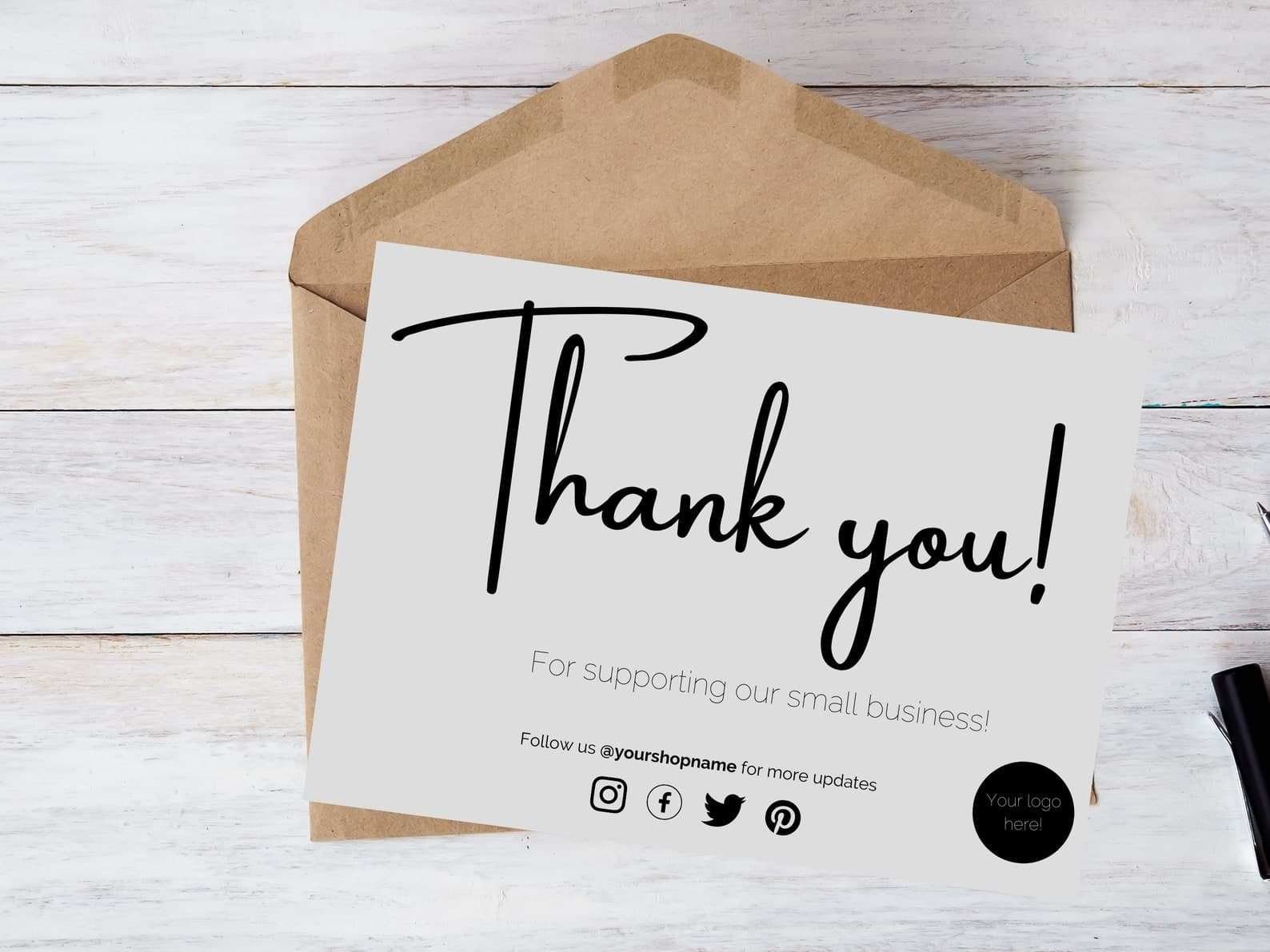 Cream editable thank-you card showing 15% off offer and logo placeholder