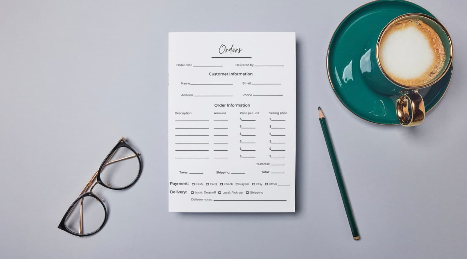 Printable order form sheet detail for small businesses and custom shop orders
