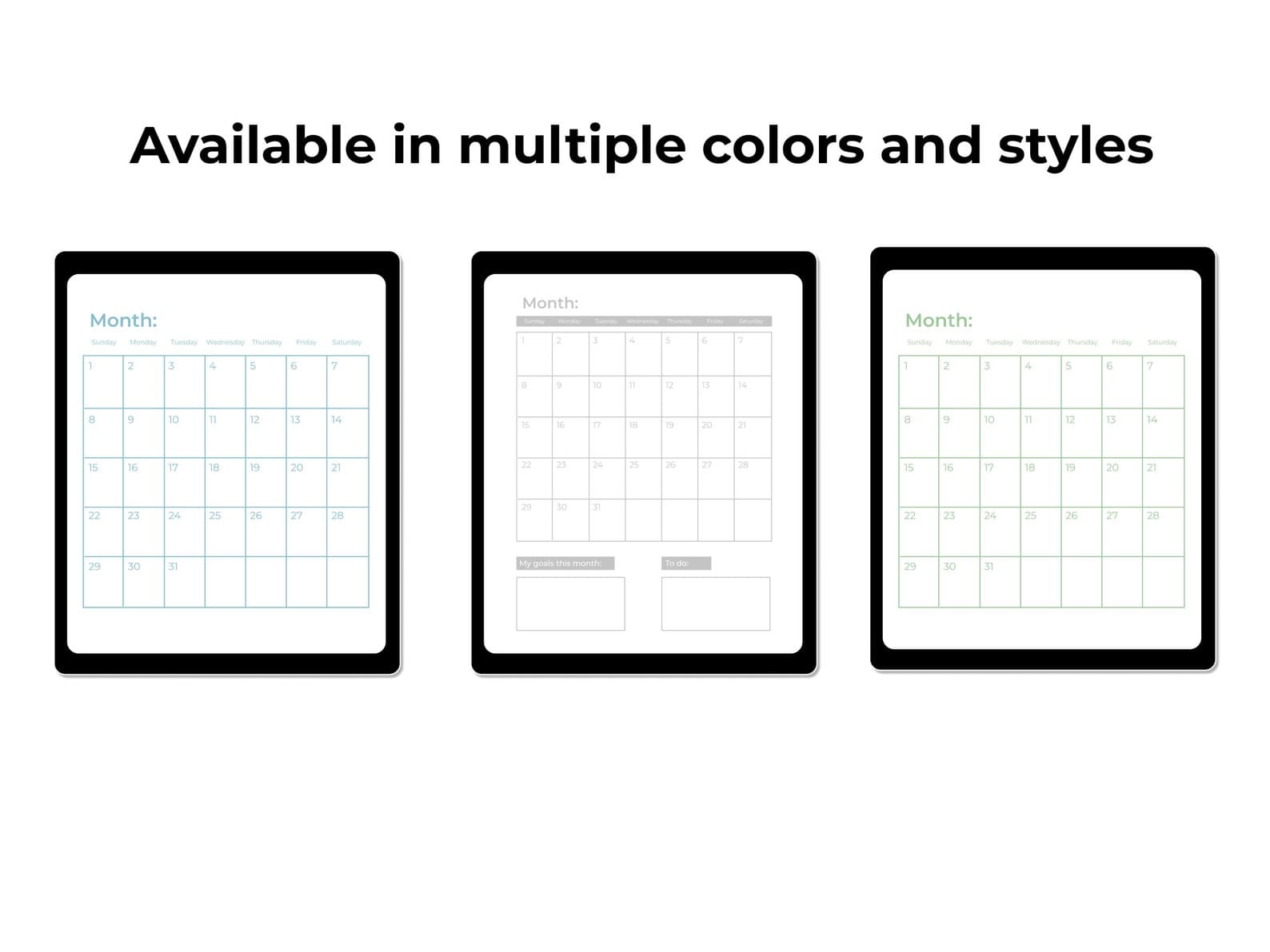 Monthly calendar templates available in multiple colors and goal or to-do styles