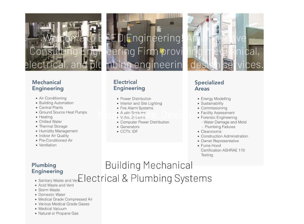 Legacy BEED Engineering Wix page with static mechanical, electrical, and plumbing service lists