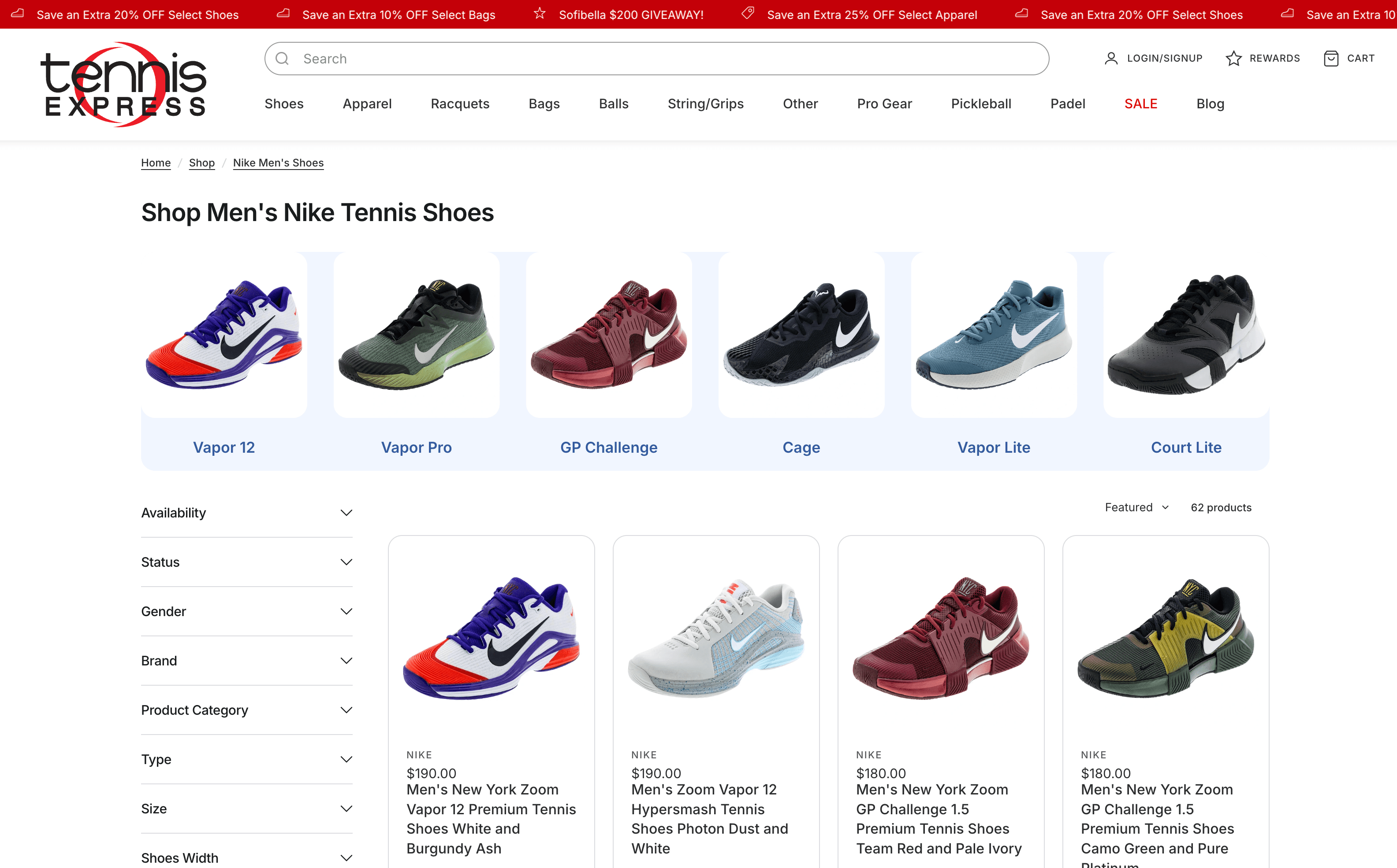 Tennis Express Men's Nike tennis shoes collection page with filters and product grid