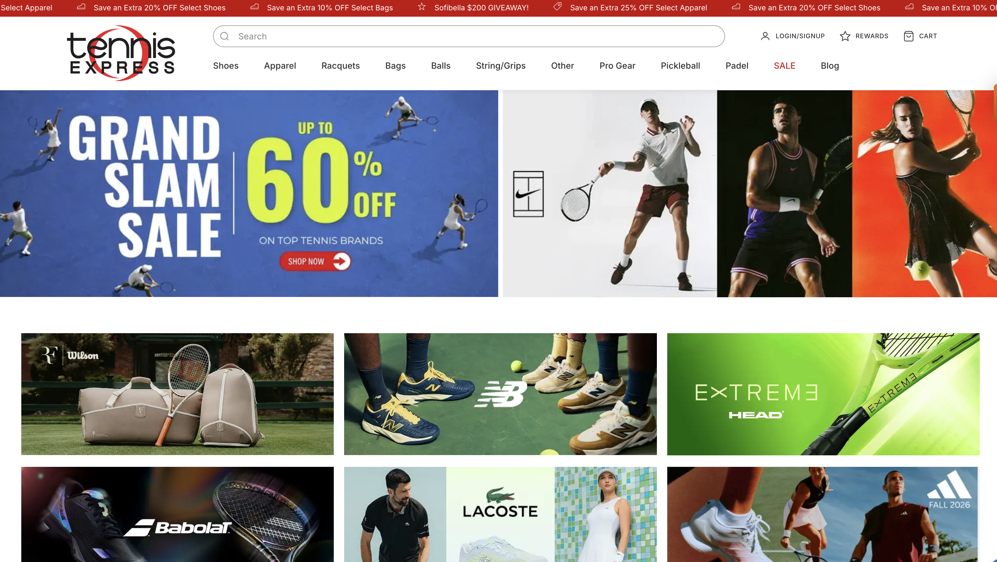 Tennis Express Shopify homepage showing Grand Slam Sale hero banners and brand promotional tiles
