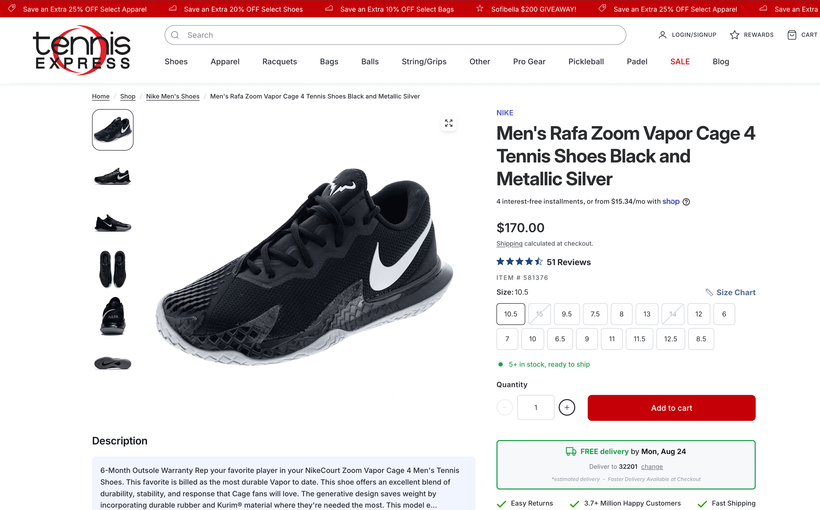 Tennis Express Nike Rafa Zoom Vapor Cage 4 shoe product page with gallery, size selector, and add to cart