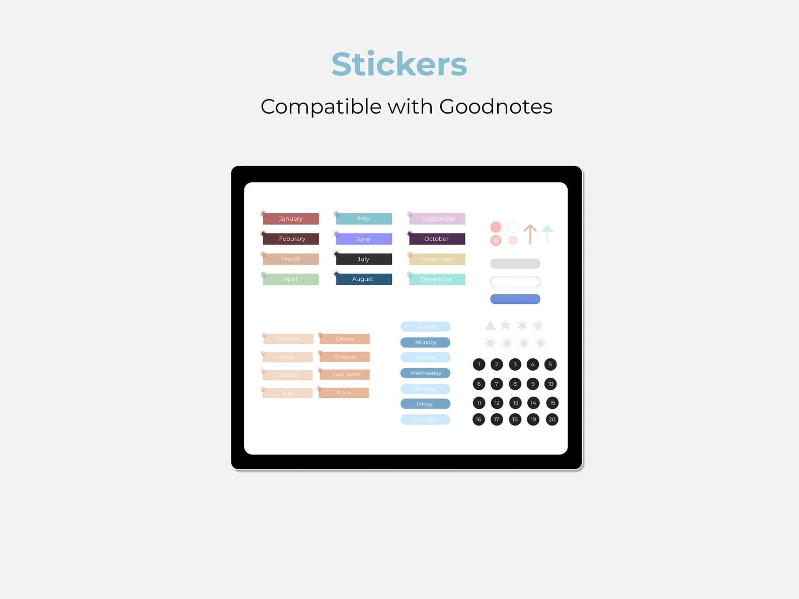 GoodNotes-compatible planner stickers including months, days, tasks, and date circles