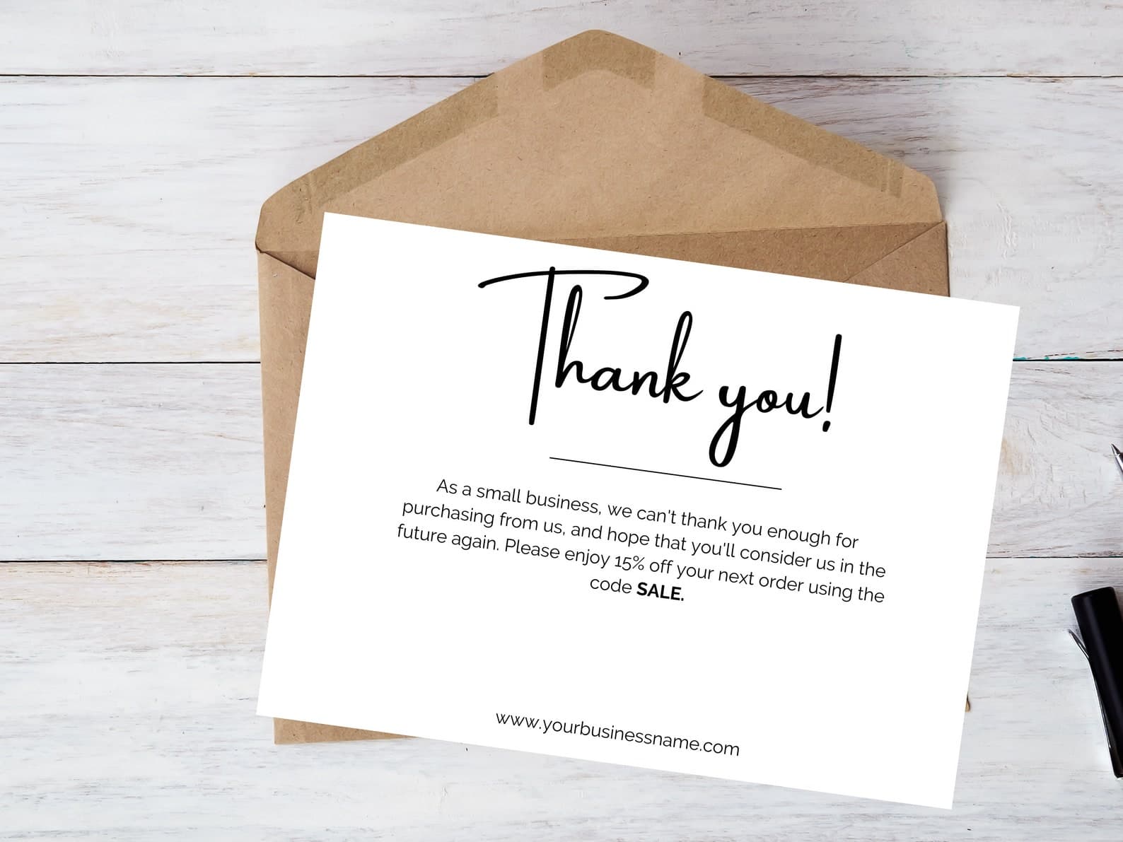 Simple digital thank-you card template for small businesses with SALE code