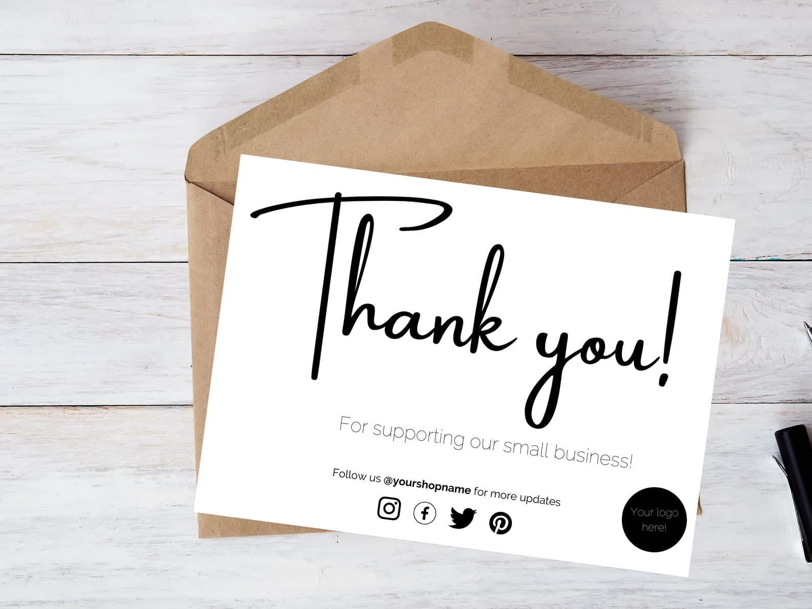 Editable Canva cream thank-you card with discount code and social icons mockup
