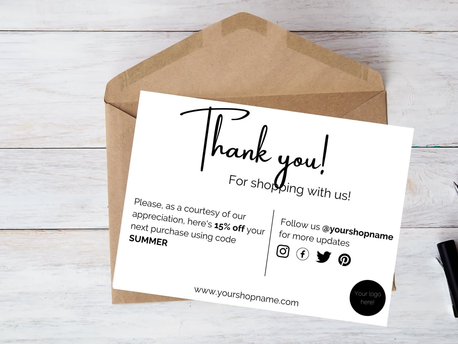 Editable grey Canva thank-you card template mockup with promo code and socials